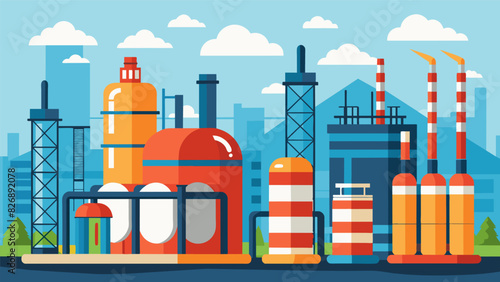 An oil refinery encircled by storage tanks each one designed to safely hold immense amounts of volatile oil.. Vector illustration