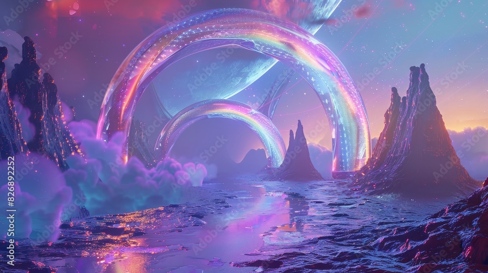 Obraz premium Fantastical parallel world with vibrant spectrum arches transforming into a universe gateway, surreal scenery
