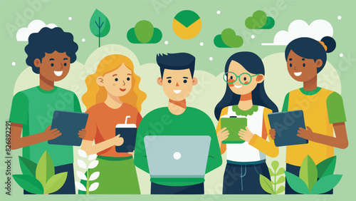 A team of environmentallyconscious young bloggers reviewing and promoting sustainable products on their blog.. Vector illustration