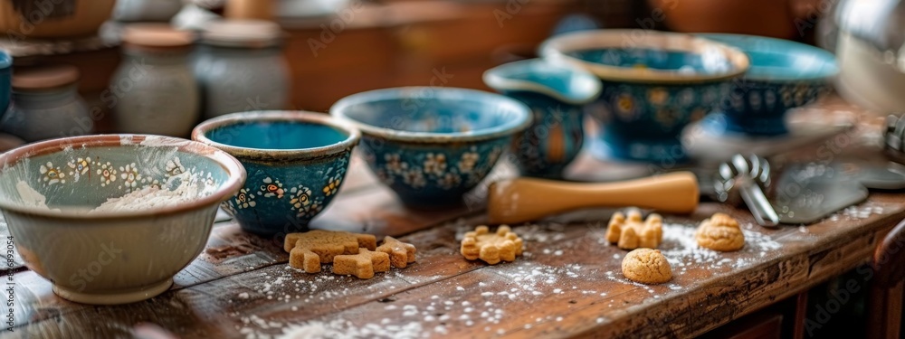 A baker's desk with mixing bowls, measuring cups, and cookie cutters. A baker's desk with mixing bowls, measuring cups, and cookie cutters.