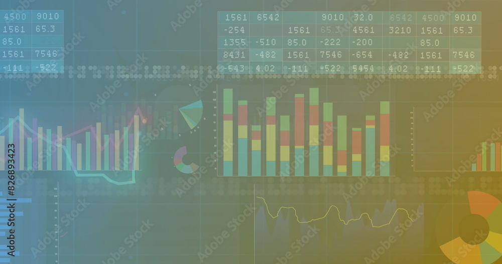 Naklejka premium Image of multiple graphs and numbers in tables over illuminated abstract pattern