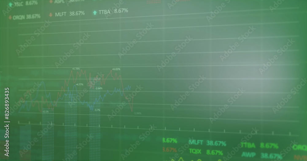 Image of multiple graphs, loading circles and trading boards against green background Image of multiple graphs, loading circles and trading boards against green background