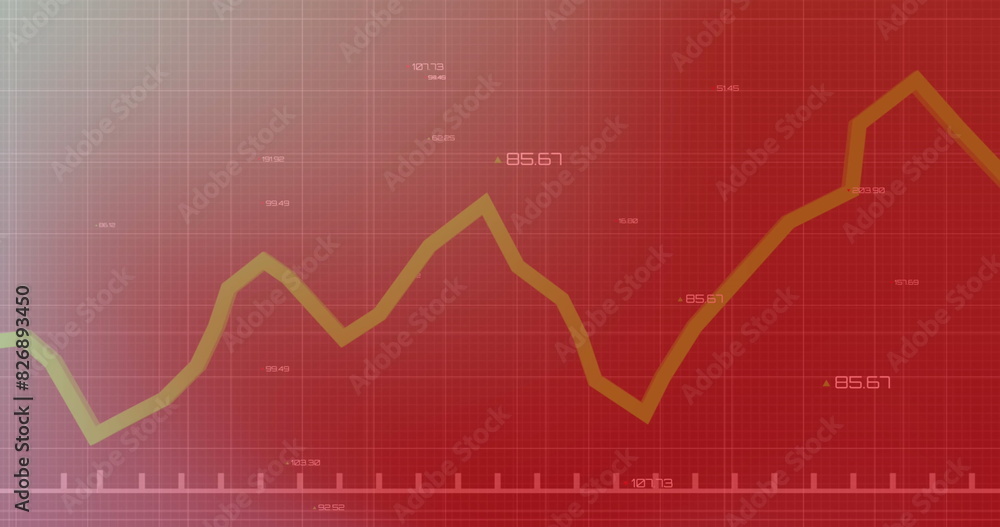 Obraz premium Image of graphs with changing numbers over grid pattern against gradient background