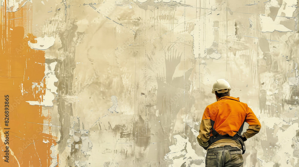 Worker facing grungy wall in orange attire - An image of a worker facing a textured, grungy wall in an orange construction jacket Worker facing grungy wall in orange attire - An image of a worker facing a textured, grungy wall in an orange construction jacket