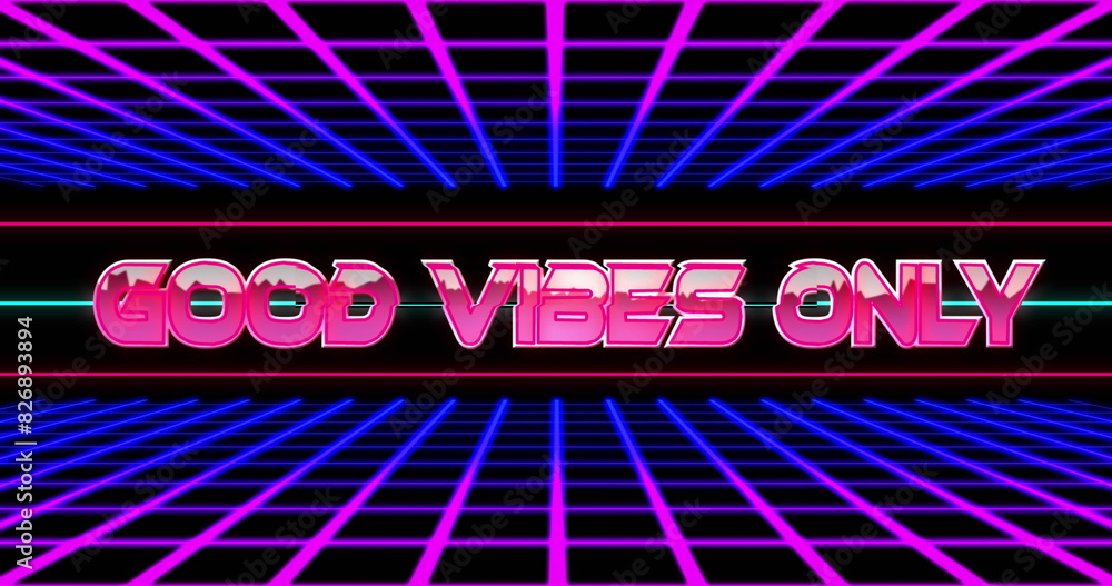 Naklejka premium Image of good vibes only banner over gradient purple grid network against black background