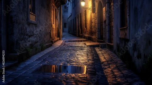 A narrow alleyway at night, lit by a single flickering streetlamp, with reflective puddles on the cobblestone ground 32k, full ultra hd, high resolution