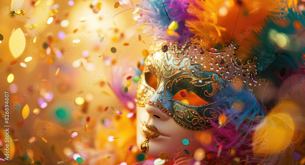 A closeup of an intricate Venetian mask surrounded by colorful confetti and feathers, set against the vibrant background