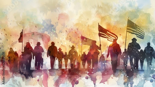 Watercolor painting of patriotic American march - Silhouetted figures with American flags convey a patriotic theme within a dynamic, colorful watercolor background © Tida