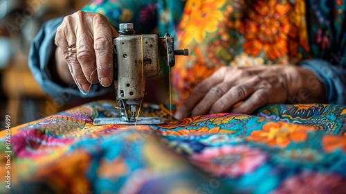 Close-up of a tailor sewing fabric, overlaid with colorful threads and patterns