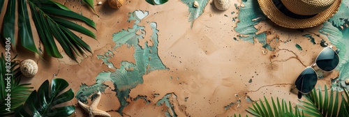 World map with travel accessories on sand - Top view image of a world map surrounded by travel-related items on a sandy background, conveying a theme of adventure and exploration