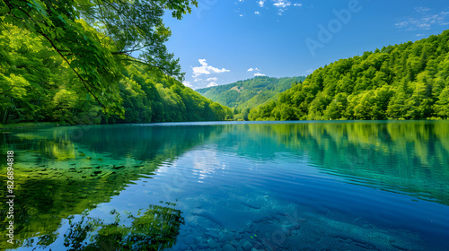 Serene Lake Landscape with Reflective Waters and Lush Greenery for a Calming Calendar Image © Pearl
