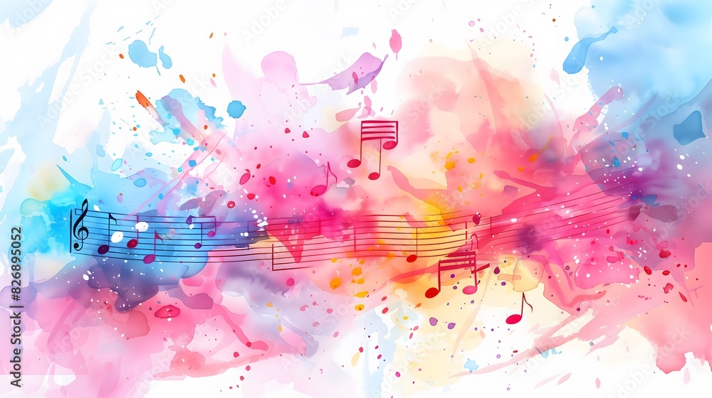 Abstract Background - Bright watercolor with pink, blue, and yellow, featuring red musical notes throughout Abstract Background - Bright watercolor with pink, blue, and yellow, featuring red musical notes throughout