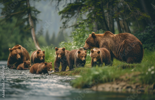A family of brown bears, including two cubs and an adult female bear standing in the style of the river in beautiful nature