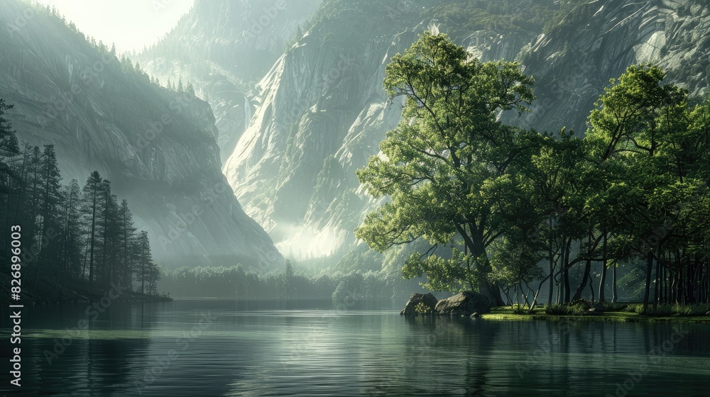 Naklejka premium landscape of mountain lake and forest. forest with a lake wallpaper. landscape lake forest with fog wallpaper. landscape forest with lake and fog. landscape with a lake and mountains.