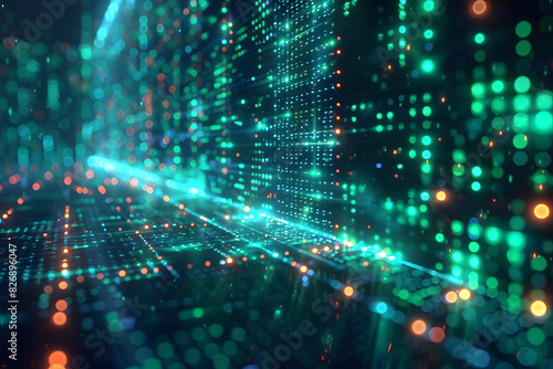 Wallpaper Mural Abstract background displaying a futuristic digital grid pattern in shades of neon green and blue, with glowing lines and geometric shapes creating a high-tech and sci-fi aesthetic. Torontodigital.ca