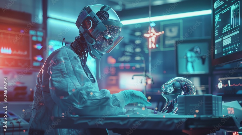 AI doctor robot performing surgery, double exposure with holographic medical displays and real-time data analytics AI doctor robot performing surgery, double exposure with holographic medical displays and real-time data analytics
