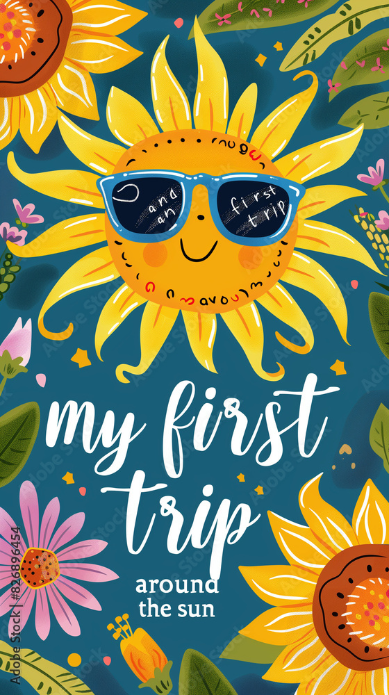 My first trip aroung the sun first birthday greating card or invitation cute illustration with sun sunflower
My first trip aroung the sun first birthday greating card or invitation cute illustration with sun sunflower