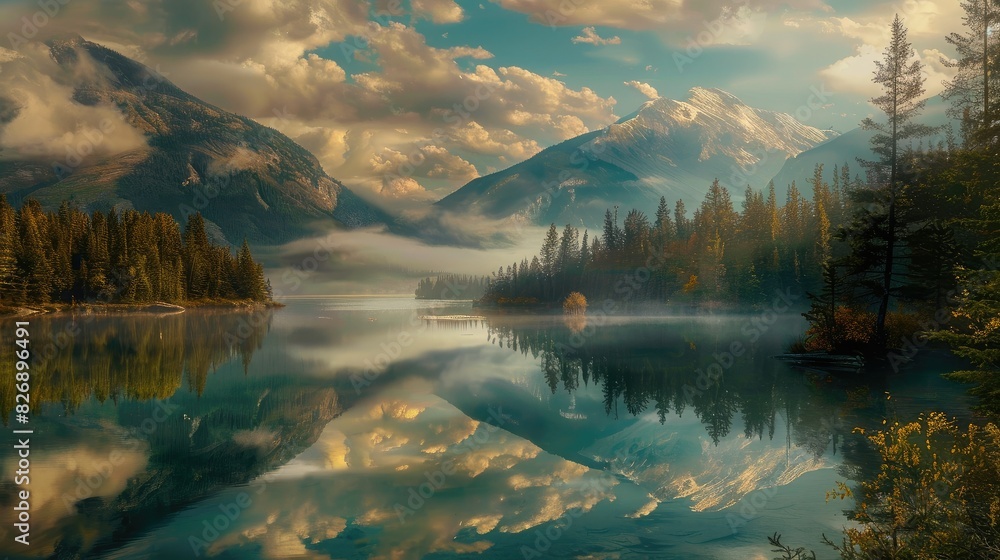 Naklejka premium landscape of mountain lake and forest. forest with a lake wallpaper. landscape lake forest with fog wallpaper. landscape forest with lake and fog. landscape with a lake and mountains.
