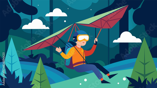 As you navigate through a virtual forest the physical demand of controlling your VR hang glider gets your heart pounding and your muscles pumping.. Vector illustration