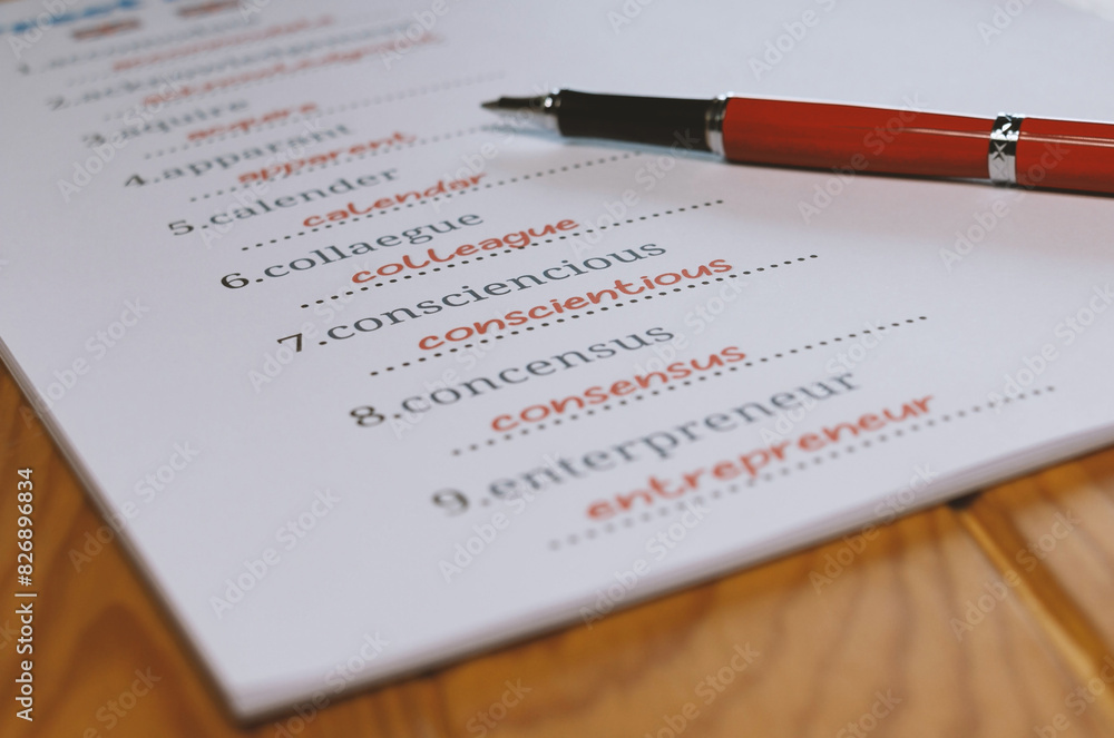 English misspelling worksheet with pen and tablet English misspelling worksheet with pen and tablet
