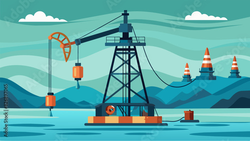 The submersible pump stands tall on a rig surrounded by ropes and cables its massive arms working diligently to bring up the black gold from the. Vector illustration