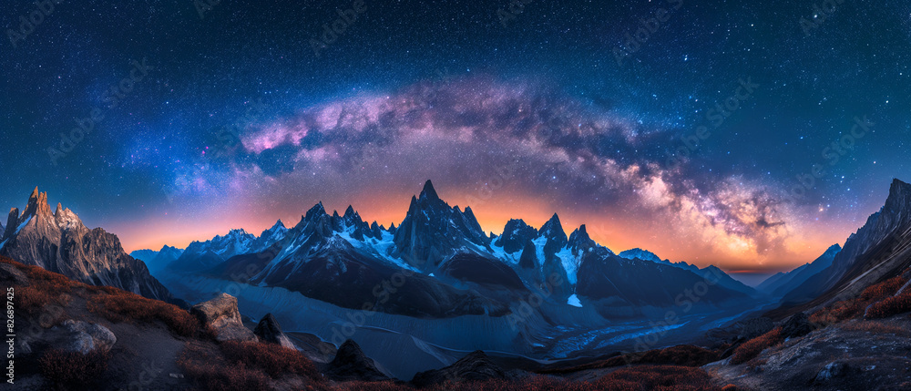 A breathtaking view of stars and the Milky Way galaxy. The sky is filled with stars and the mountains. The mountains are covered in snow and the sky is a deep blue. Generative ai illustration. A breathtaking view of stars and the Milky Way galaxy. The sky is filled with stars and the mountains. The mountains are covered in snow and the sky is a deep blue. Generative ai illustration.