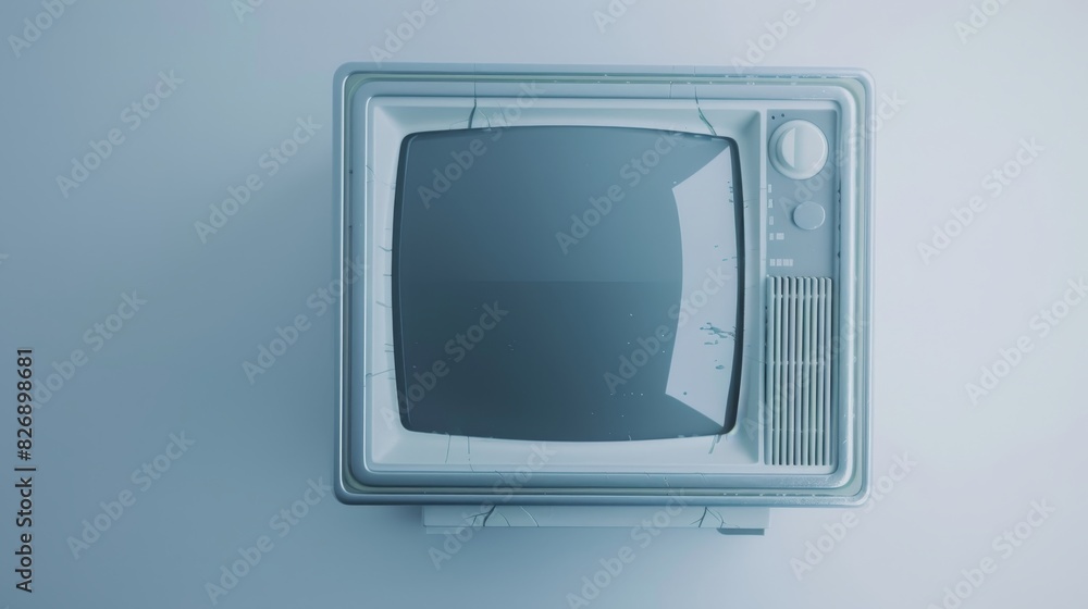 Aged television with cracks over blue hue - A detailed image of a cracked vintage television set with a distinct blue color tone, depicting decay and obsolescence