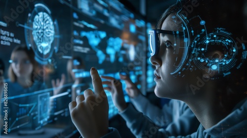Capture a detailed scene with an eye-level view of a futuristic holographic teacher interacting with a group of students in a virtual online classroom Each student engrossed in adv