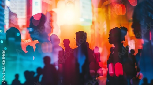 Business partners at networking event close up, focus on, copy space vivid colors, Double exposure silhouette with business crowd