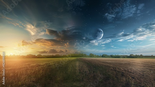 Field and sky with moon at twilight - A composite image blending day and night with a moon in the sky over a scenic field suggests duality photo