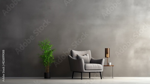 modern minimalistic living room interior dark empty mockup grey concrete wall and chair with plant in vase lamp mock up background