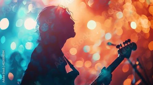 Musician on stage at concert close up, focus on, copy space striking tones, Double exposure silhouette with audience energy