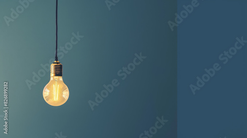 Single glowing lightbulb on blue background - An incandescent lightbulb hanging against a serene blue background portrays simplicity and the concept of a single idea