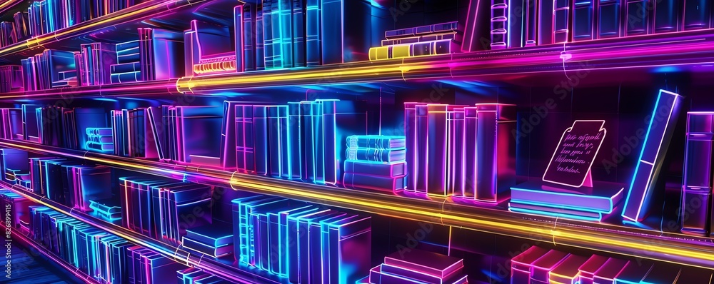 A 3Drendered bookshelf with neon outlines A 3Drendered bookshelf with neon outlines