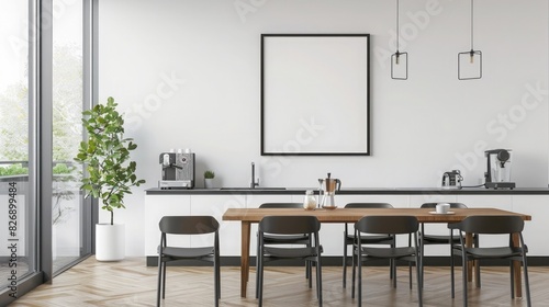 Modern kitchen interior with a dining table and chairs, a white wall with a mockup poster frame hanging on it, a coffee machine and water dispenser photo