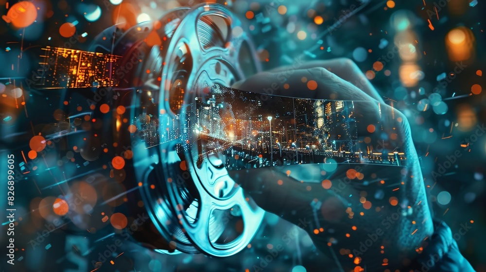 Double exposure of a filmmaker's hand holding a film reel, with scenes from various films blending in, performing creative endeavors