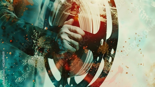 Double exposure of a filmmaker's hand holding a film reel, with scenes from various films blending in, performing creative endeavors photo