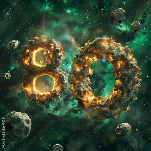 Space scene with a large number 80 surrounded by small rocks and asteroids. The number is on fire and has a green core. The background is a deep space green with nebula and stars.