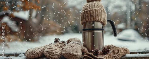 A vintage thermos filled with hot chocolate nestled between a knitted hat and mittens photo