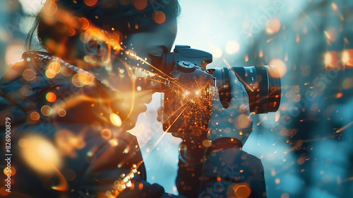 Double exposure of a photographer adjusting a camera, close-up with overlaid images of captured moments and light flares photo