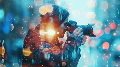 Double exposure of a photographer adjusting a camera, close-up with overlaid images of captured moments and light flares