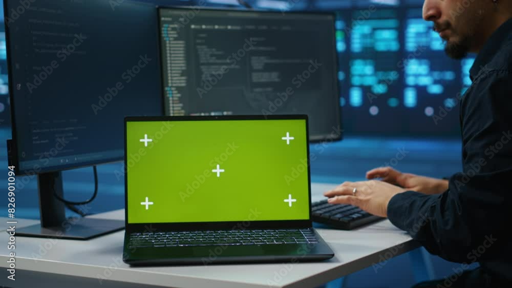 Isolated screen notebook in front of employee working in server farm used for processing data. Close up shot of mockup laptop on desk next to IT developer typing at PC, updating servers Isolated screen notebook in front of employee working in server farm used for processing data. Close up shot of mockup laptop on desk next to IT developer typing at PC, updating servers