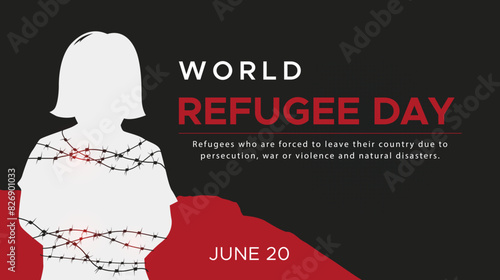 World Refugee Day, June. design concept of refugees who migrate due to violent behavior and war. Illustration of a silhouette of a woman bound by barbed wire means violence against the population