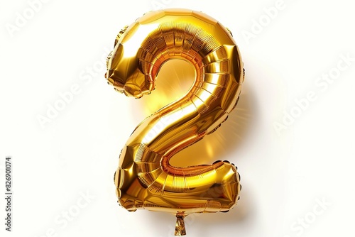 number "2" shaped golden balloon, isolated on white