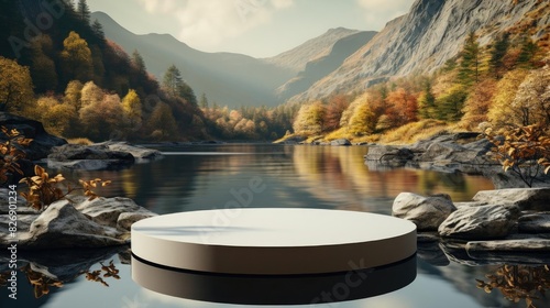 3d circle podium product stand or display with water river background and cinematic light