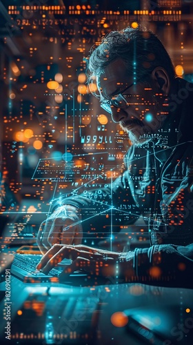 Double exposure of a researcher in a lab coat  studying data on a holographic display  interspersed with mathematical equations