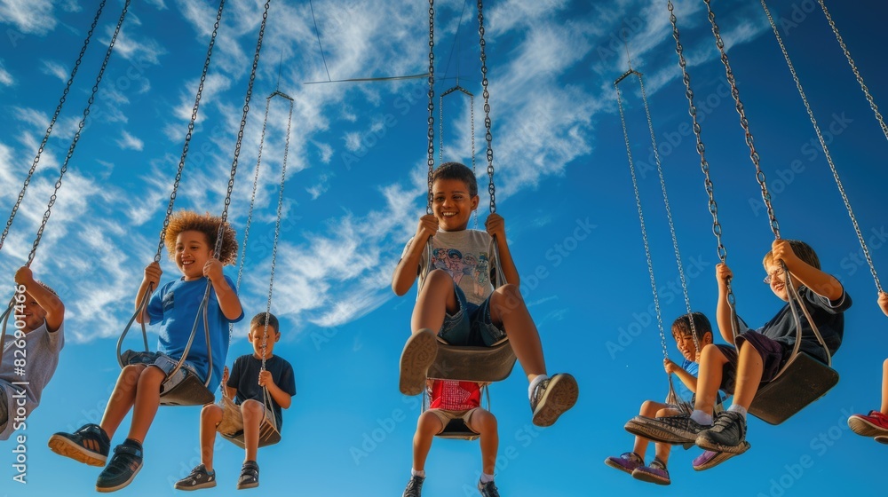 A joyful event of leisure and fun as a group of children travel through the sky on electric blue swings, happily sharing the experience in the clouds. AIG41