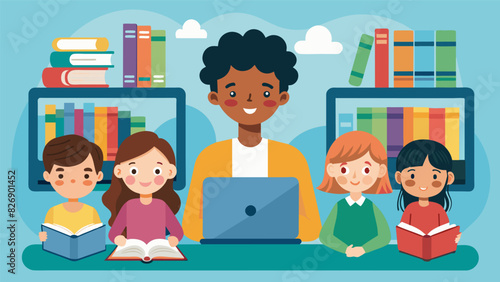 A library hosts a virtual digital storytime allowing children from different cities and towns to join in and listen to the same story together.. Vector illustration
