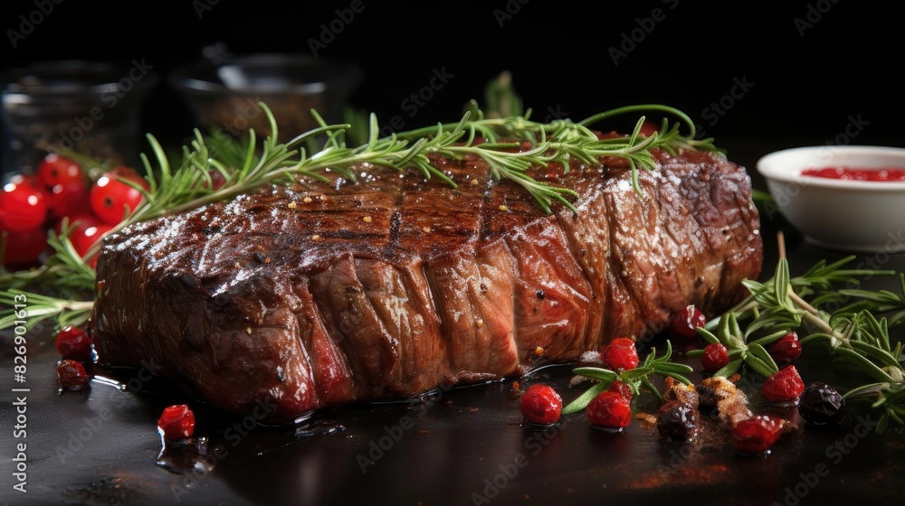 Grilled steak with melted barbeque sauce on a black and blurry background