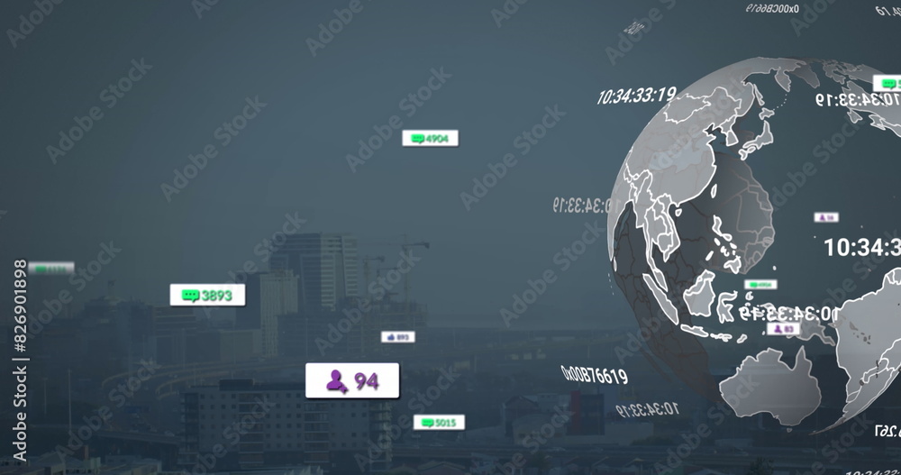 Image of social media icons over spinning globe against aerial view of cityscape Image of social media icons over spinning globe against aerial view of cityscape